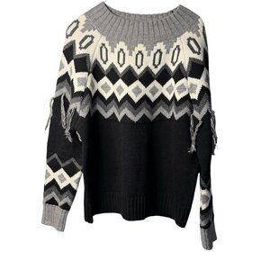 Molly Bracken Lili Sidonio Fair Isle Fringe Sweater Zigzag Black Gray Size Small